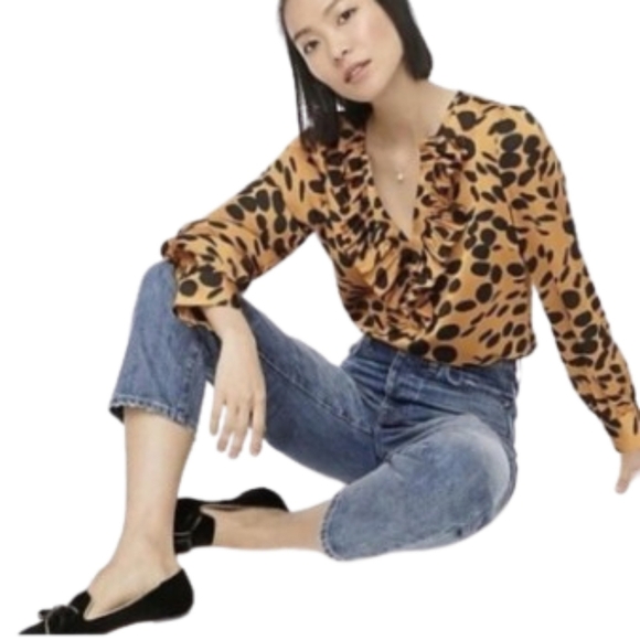 J. Crew Factory Tops - J Crew Size XS Womens Gold & Black Blouse Ruffles V Neck Covered Buttons at Cuff